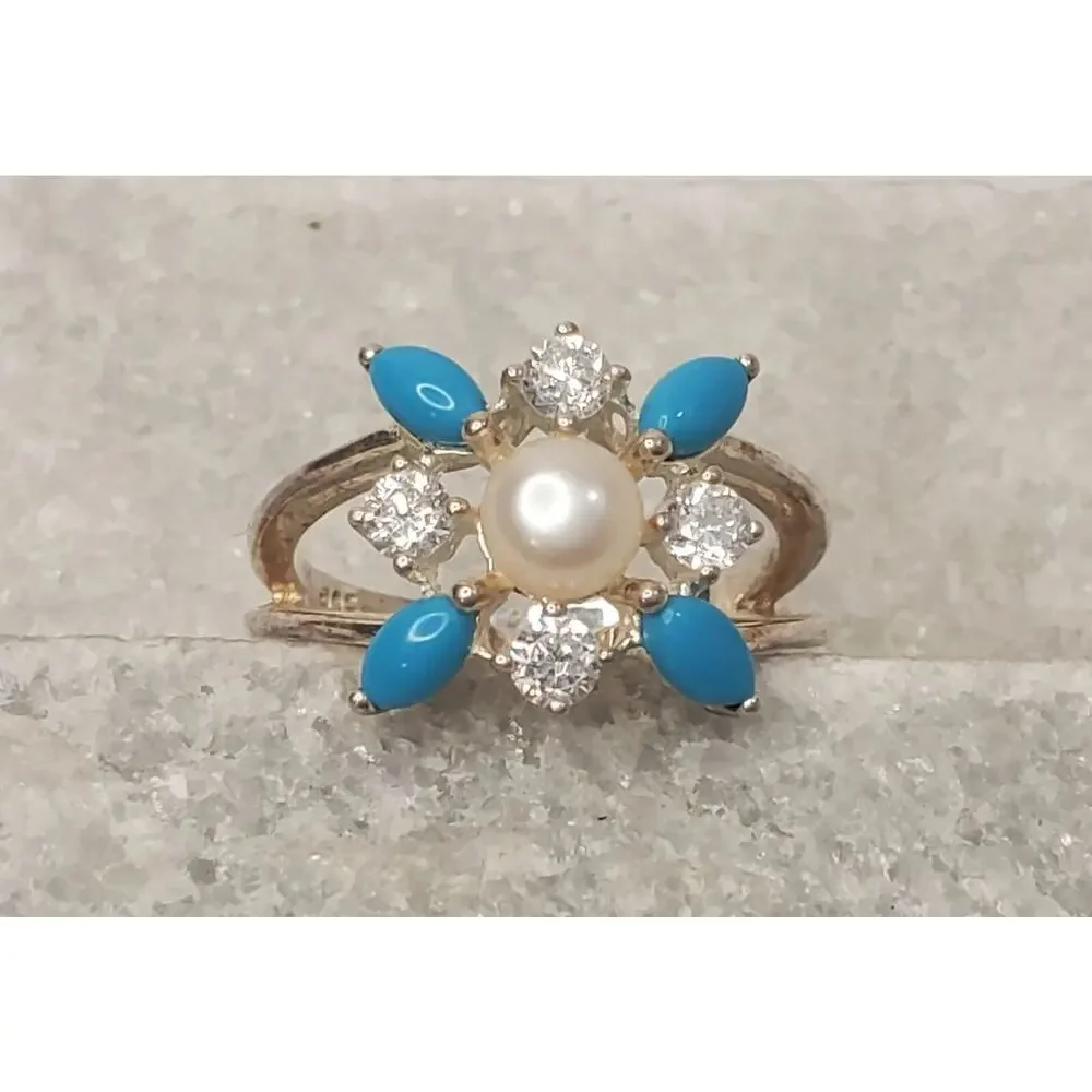 Freshwater Pearl, Faux Turquoise & Rhinestone Sterling Silver Ring Size 9